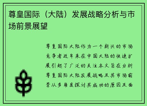 尊皇国际（大陆）发展战略分析与市场前景展望